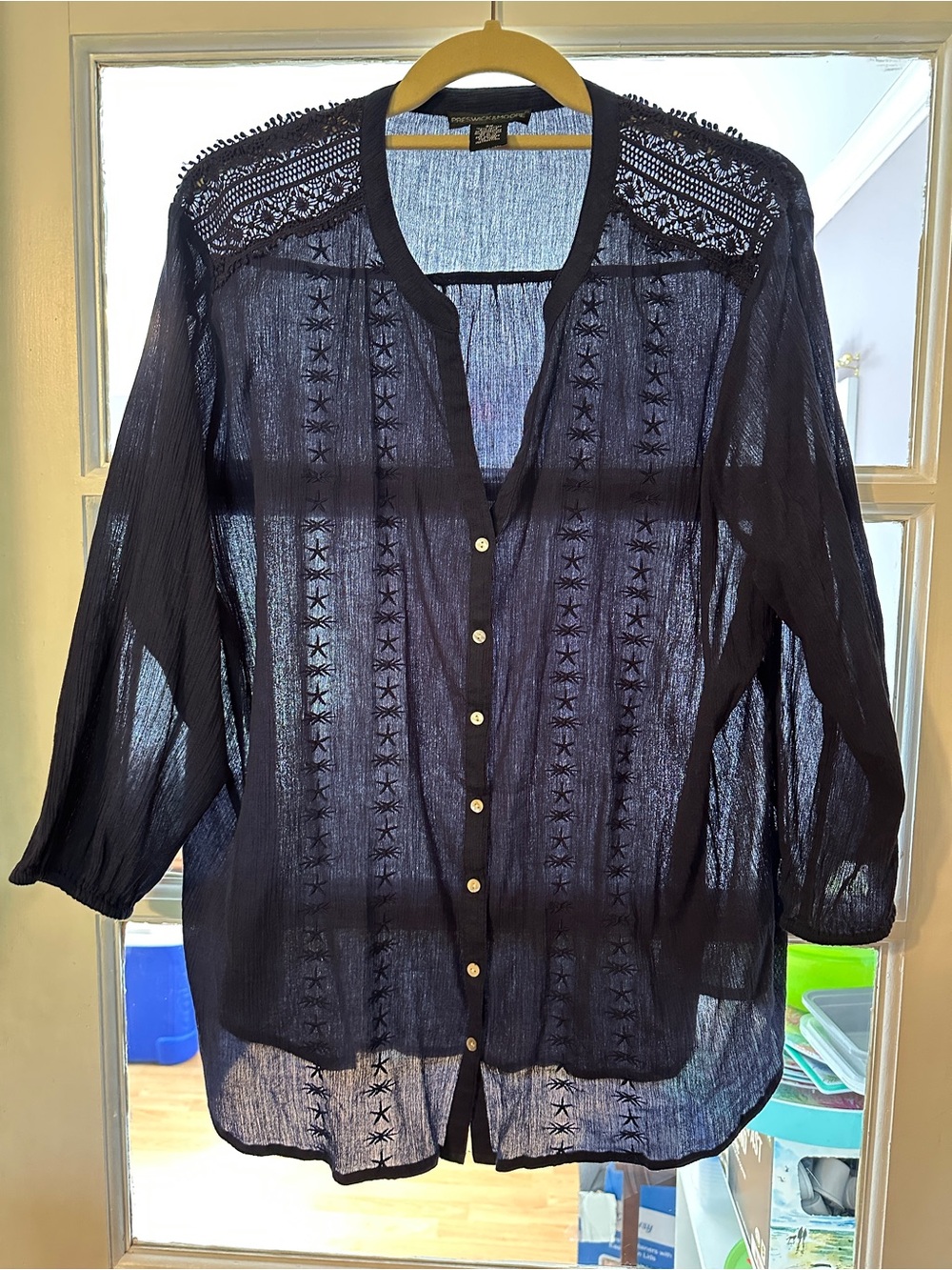 Preswick & Moore Navy Sheer Button-Down Lace Yoke Cotton Blouse (2X)